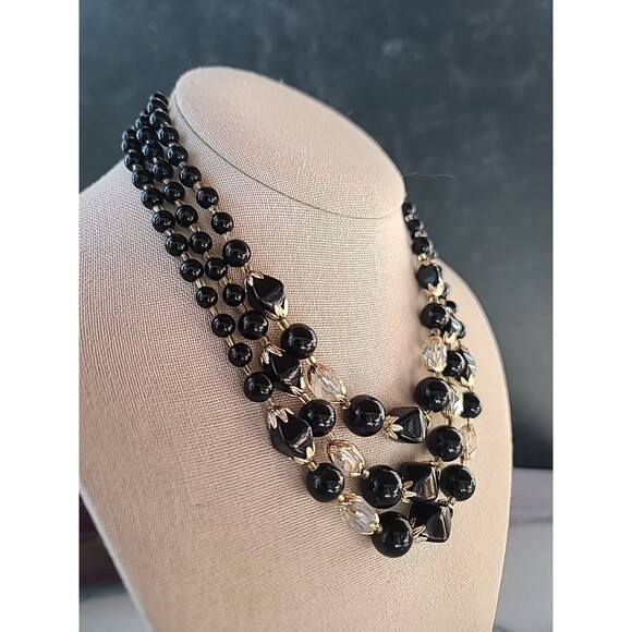 Black And Clear Multistrand Adjustable Beaded Necklace Vintage Japan - Picture 2 of 10